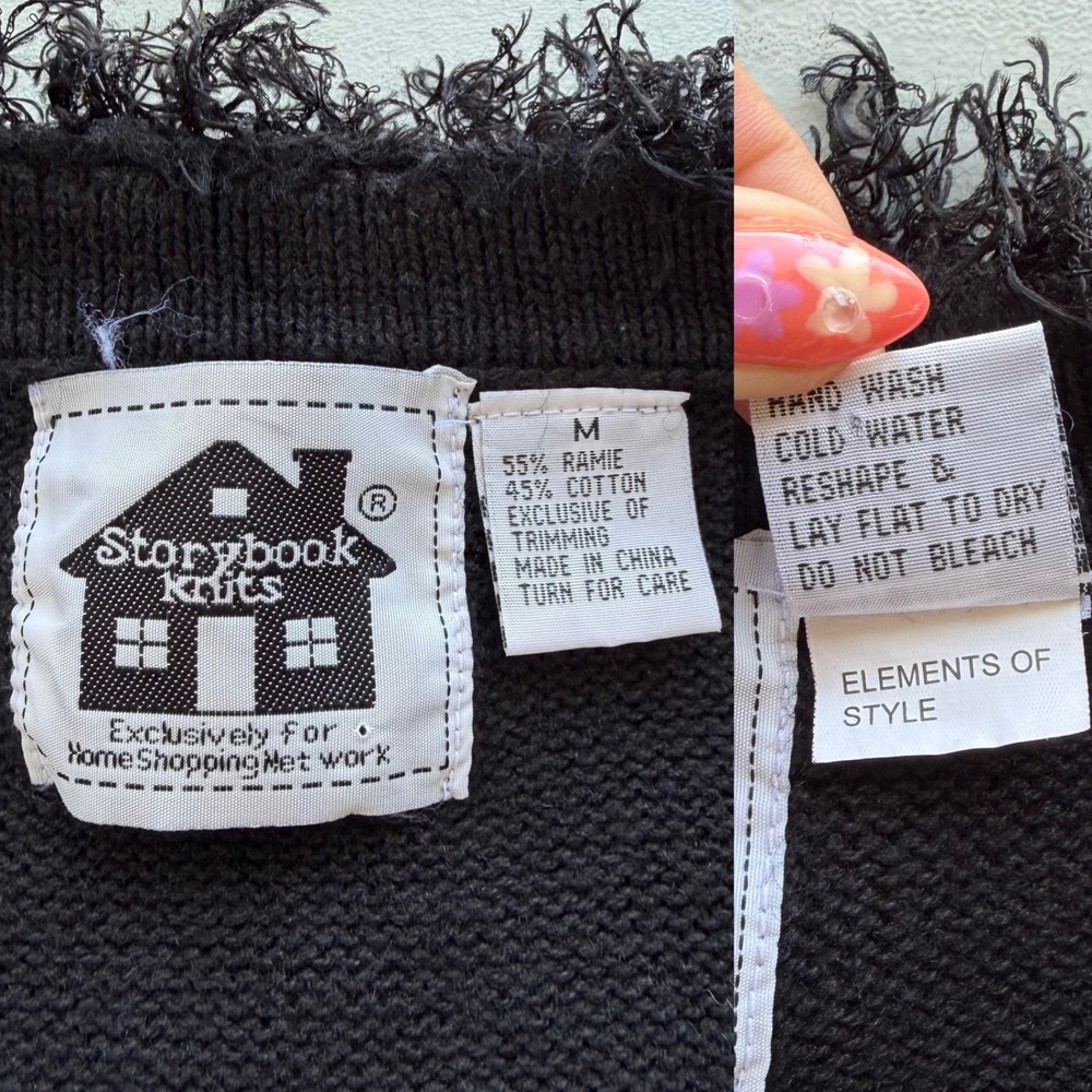 Storybook Knits Vintage M Black Floral Beads Fringe Cardigan Sweater Cottagecore - Picture 7 of 16